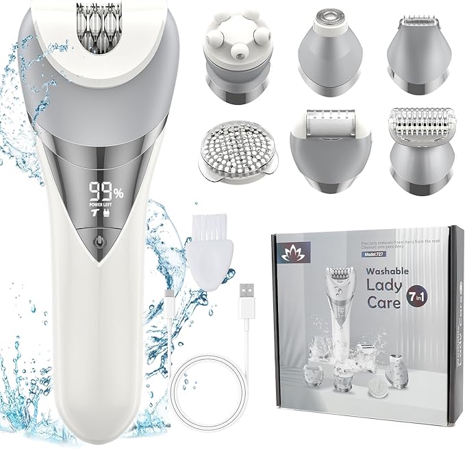 Epilator for Women, 7 in 1 Epilator Hair Removal for Women, Shaver, Bikini, Face Razor, Facial Brush, Face Massage and Body Exfoliator, IPX6 Waterproof Painless Lady Shaver Wet & Dry (White)-Velvo Beauty