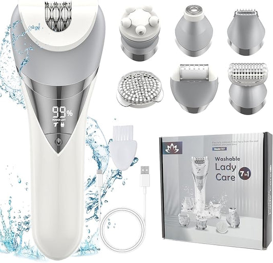 Epilator for Women, 7 in 1 Epilator Hair Removal for Women, Shaver, Bikini, Face Razor, Facial Brush, Face Massage and Body Exfoliator, IPX6 Waterproof Painless Lady Shaver Wet & Dry (White)-Velvo Beauty