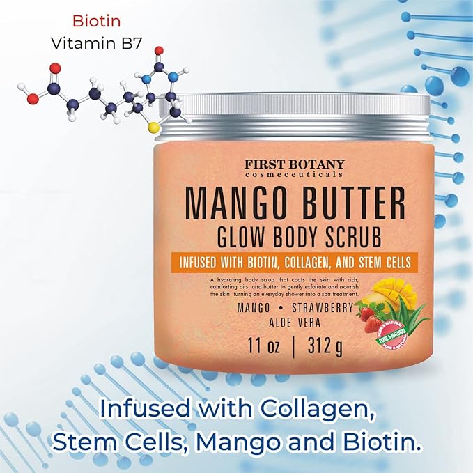 Mango Butter Body Scrub Exfoliator Biotin, Collagen, Stem Cells - Natural Exfoliating Salt Scrub & Body and Face Souffle helps with Moisturizing Skin, Acne, Cellulite, Dead Skin Scars, Wrinkles- 11 oz-Velvo Beauty