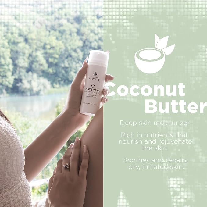 White Pearl Moisturizing Body Lotion with Coconut Butter and Hyaluronic Acid, 3.4 fl. oz.-Velvo Beauty