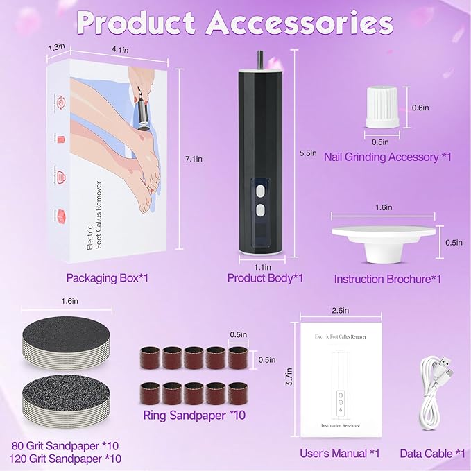 Electric Foot Callus Remover, Electric Foot File Speed Adjustment & Direction of Rotation Controller, Pedicure Tools for Feet with 20Pcs Replacement Sandpaper and 10Pcs Barrel Sandpaper-Velvo Beauty