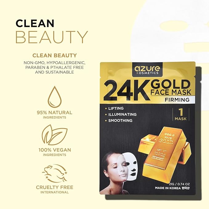 AZURE 24K Gold Face Mask- Anti Aging, Hydrating, Toning Facial Mask - Helps Reduce Wrinkles & Fine Lines with Hyaluronic Acid & Collagen - Skin Care Made in Korea - Pack of 10-Velvo Beauty