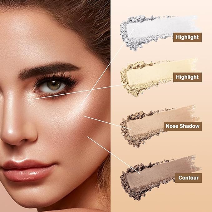 Contour Highlighter Blush Powder Makeup Palette, 4 Colors Matte Face Contour Shading with Professional Makeup Brush-Velvo Beauty
