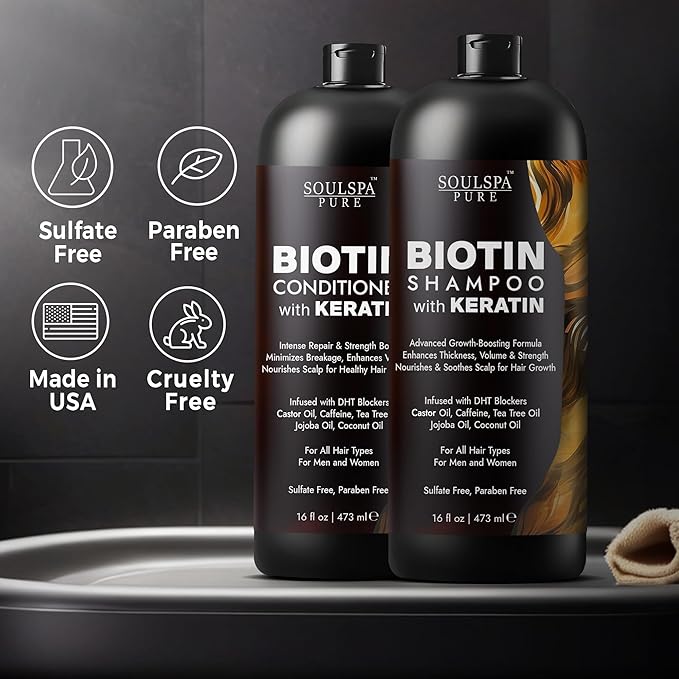Biotin Shampoo and Conditioner Set with Keratin - Sulfate-Free Advanced Anti-Thinning, Hair Growth Shampoo and Conditioner Combo Repair Formula - with DHT Blockers, for Men & Women - 16 fl oz each-Velvo Beauty
