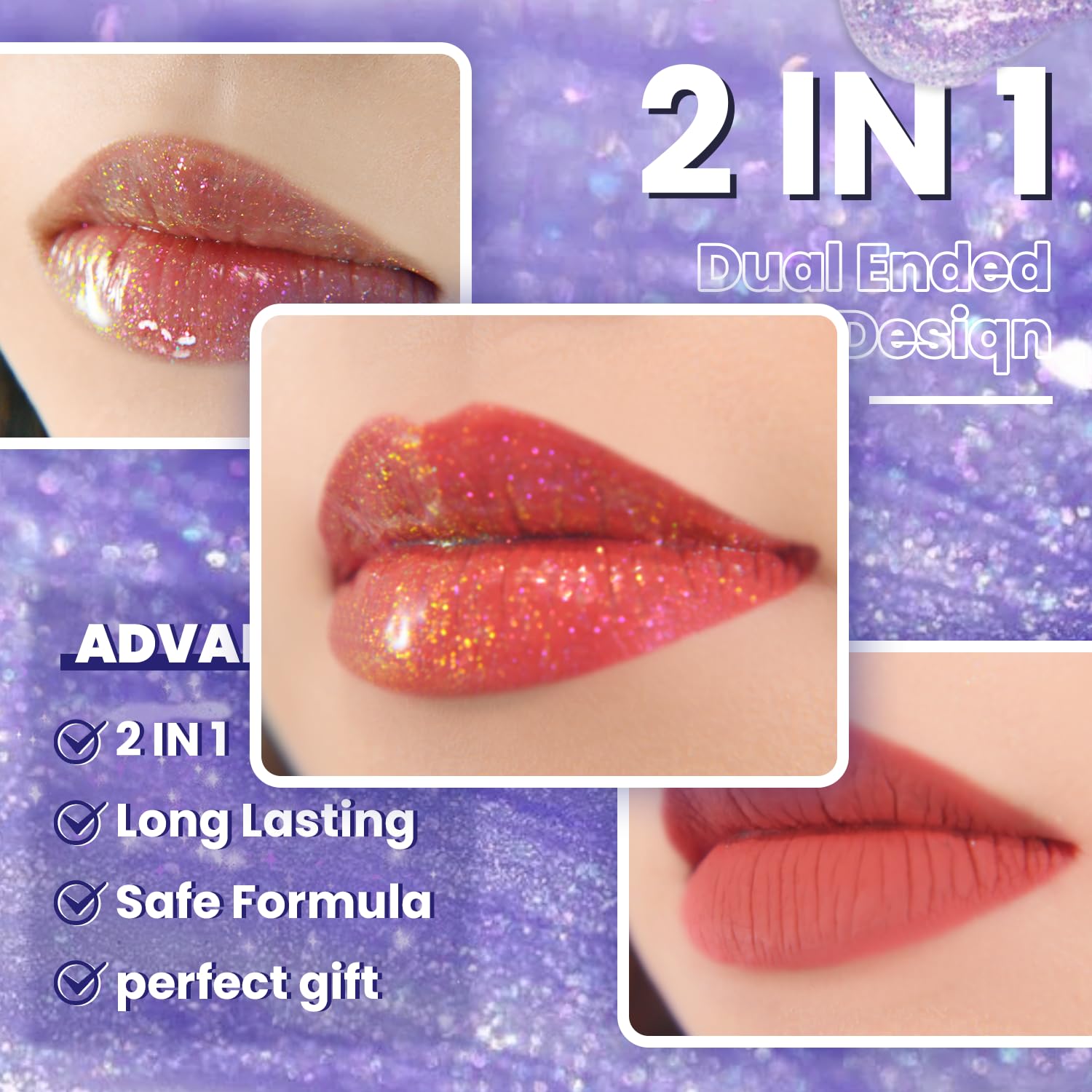 CHARMACY Multichrome Double Head Non-Stick Lip Gloss, Metallic Colourful Lip Glaze, Anti-transfer, Long Lasting Waterproof Liquid Lipstick Makeup (#06)-Velvo Beauty