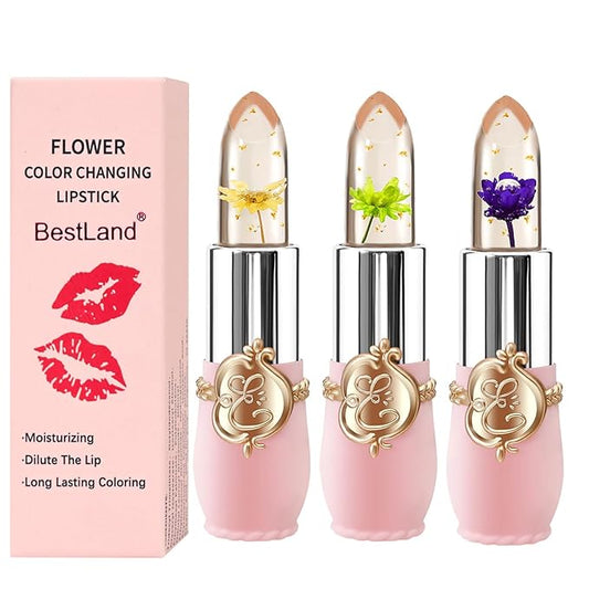 3 Pcs/Set Flower Jelly Lipstick Set Temperature Change Moisturizer Long Lasting Nutritious Balm Magic Color Change Lip Gloss (Flower Jelly Lipstick 040506)-Velvo Beauty