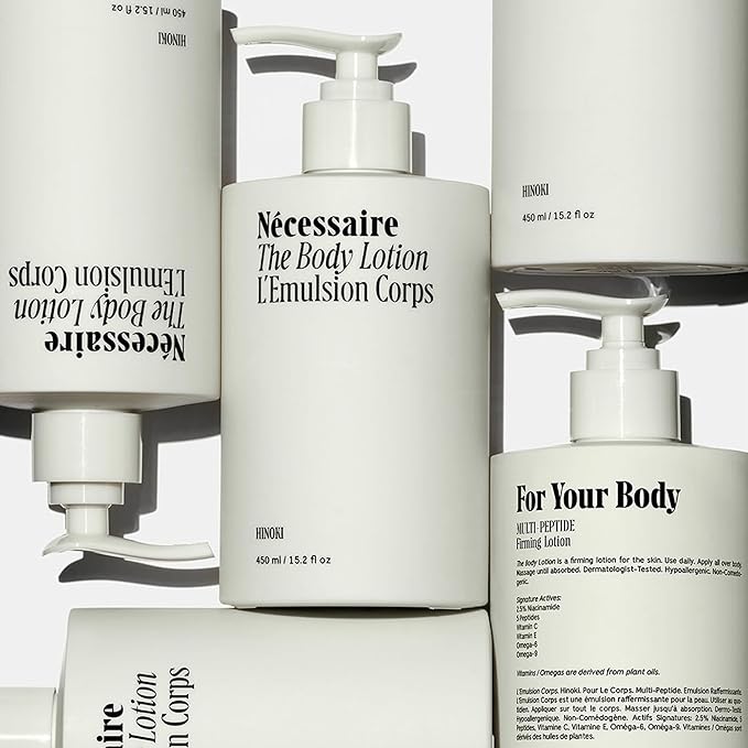 Nécessaire The Body Lotion with Pump. Hinoki. Multi-Peptide Firming Lotion to Moisturize, Firm, Strengthen. 2.5% Niacinamide, Vitamin C/E + Omega 6/9. 450ml / 15.2 fl oz-Velvo Beauty