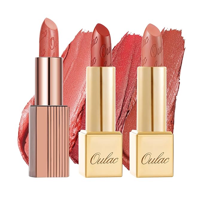 Oulac Metallic Orange Lipstick Set 3PCS, Comfortable Creamy Texture, Smooth No Grainy Feeling, Vegan & Gluten Free, Full-Coverage Lip Makeup, 3 X 4.3 g, 605+02+05-Velvo Beauty