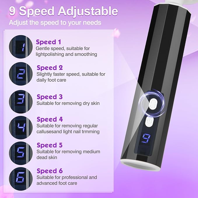 Electric Foot Callus Remover, Electric Foot File Speed Adjustment & Direction of Rotation Controller, Pedicure Tools for Feet with 20Pcs Replacement Sandpaper and 10Pcs Barrel Sandpaper-Velvo Beauty