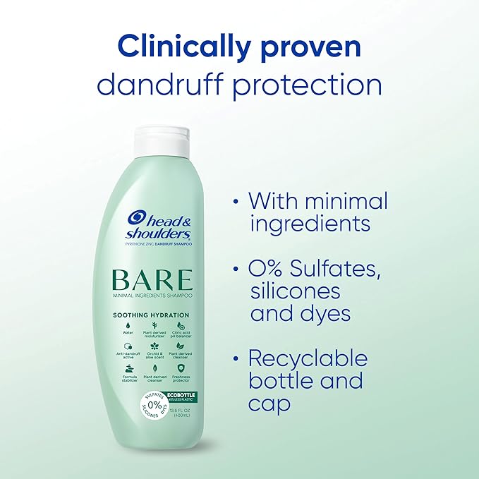 Head & Shoulders BARE Dandruff Shampoo Twin Pack, Soothing Hydration, Sulfate-Free, Silicone-Free, Dye-Free, Eco-Friendly Bottles, Safe for All Hair Types, 13.5 Fl Oz Each (Set of 2)-Velvo Beauty
