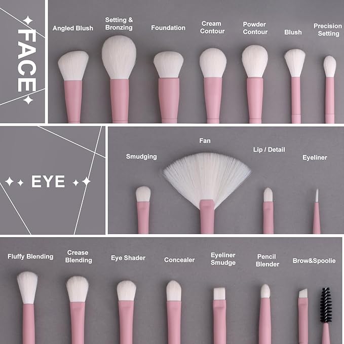 LORYP Makeup Brushes Set Labeled 18 Piece Face and Eye Brush Set Ultra soft hair Foundation, Concealer, Blush, Contour, Blending, Eyeshadow Pink Brush kit-Velvo Beauty