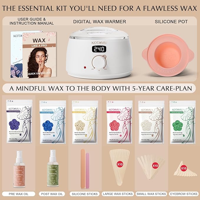 KOTAMU Waxing Kit for Women & Men, White Wax Kit for Hair Removal, Digital Waxing Pot for Thick Coarse Fine Fuzzy Hair & Sensitive Skin, Wax Warmer for Home Salon Use-Velvo Beauty
