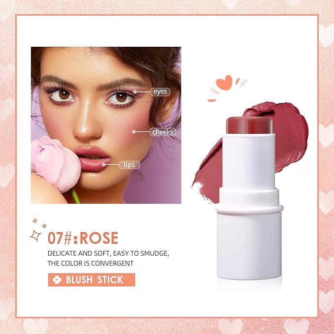 Blush Stick, Matte Cream Blush Stick for Cheeks, Eyes and Lips Natural Blush Makeup Waterproof Long Lasting(07 Rose Blush Stick)-Velvo Beauty