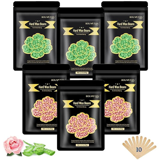 Wax Beads for Hair Removal, Bouvetan 1.3Lb/21oz Hard Wax Beans for Brazilian Waxing, Hard Wax for Eyebrow, Face, Bikini, Legs, Arms for Women Men Hair Removal with 10pcs Spatulas, 6 Packs-Velvo Beauty