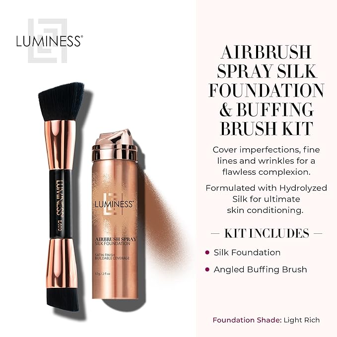 LUMINESS Silk Airbrush Spray Foundation & Buffing Brush Kit – Full Coverage Foundation & Dual-Sided Buffing Brush - Buildable Coverage, Anti-Aging Formula Hydrates & Moisturizes (Shade - Light Rich)-Velvo Beauty