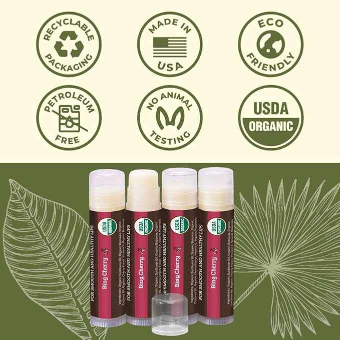 USDA Organic Lip Balm 4-Pack by Earth's Daughter - Cherry Flavor, Beeswax, Coconut Oil, Vitamin E - Best Lip Repair Chapstick for Dry Cracked Lips.-Velvo Beauty