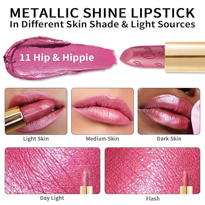 Oulac Pink Lipstick for Women with Metallic 3D Shine Lightweight Hydrating Formula, High Impact Lip Color, Vegan Beauty, Full Coverage Lip Makeup, Christmas Gifts for Women, Hip & Hippie(11)-Velvo Beauty