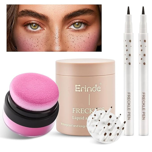 Erinde Natural Freckle Blush Makeup Kit - Liquid Freckle Pen & Fake Freckles Stamp Air Cushion & Powder Cushion Blush, Long Lasting Waterproof Freckles Tattoo Marker for Natural Sunkissed Makeup-Velvo Beauty
