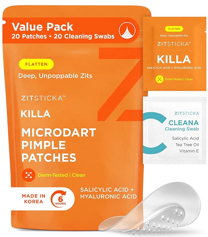 ZitSticka Killa Acne Patches for Face - World's Most Potent Pimple Patch with Fast-Acting Microdarts - Starts Working within 2 Hours for Deep, Early-Stage Zits - 20 Count-Velvo Beauty