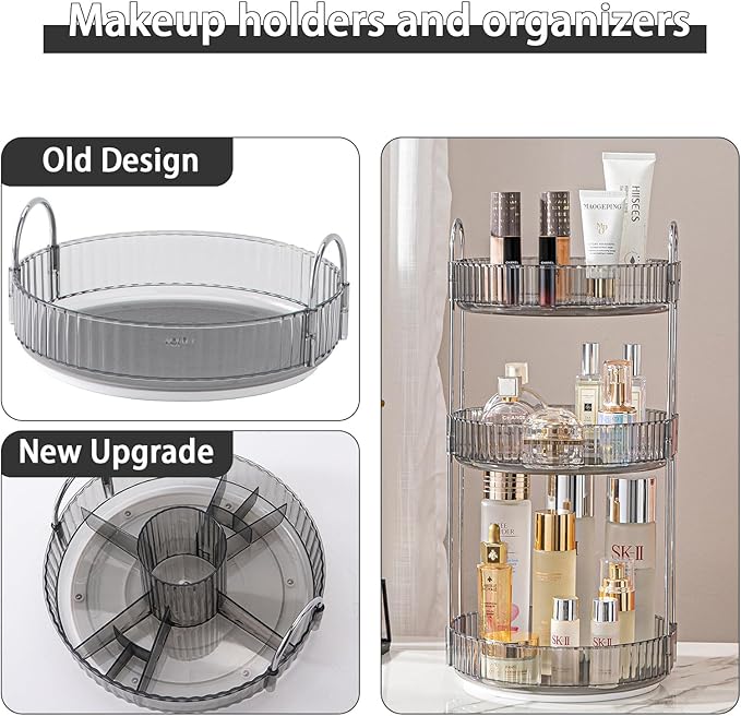 Rotating Makeup Organizer for Vanity, High-Capacity Skincare Clear Make Up Storage Perfume Organizers Cosmetic Dresser Organizer Countertop 360 Spinning (Gray, New-3 Tier)-Velvo Beauty