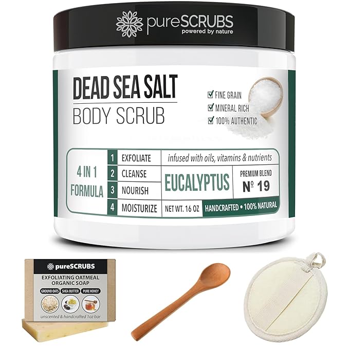 pureSCRUBS Premium Eucalyptus Body Scrub Set - Large 16oz Dead Sea Salt Body Scrub With Infused Essential Oils & Nutrients, Includes Wooden Spoon, Loofah & Oatmeal Exfoliating Bar Soap-Velvo Beauty