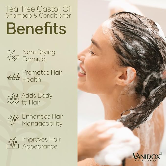 Tea Tree Oil Shampoo and Conditioner Set with Castor Oil, DHT Blockers, Itchy Scalp Relief, Supports Fuller Hair, Cleanses Dandruff & Buildup, For Men & Women, Made in USA, 16 fl oz Each-Velvo Beauty