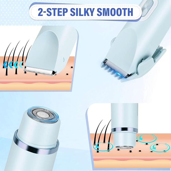 Women's Bikini Trimmer, 2-in-1 Electric Shaver for Bikini Line, Legs, Underarms, Face - Waterproof Women's Electric Shaver for Sensitive Skin, USB Rechargeable (Purple) (Blue)-Velvo Beauty