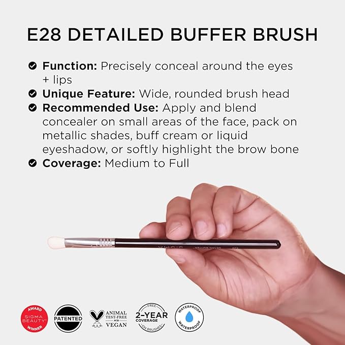 Sigma Beauty Professional E28 Detail Buffer Brush – Professional Eyeshadow Brush for Seamless Cream or Liquid Eyeshadow Blending, Packing on Metallic Shades & Highlighting the Brow Bone (1 Brush)-Velvo Beauty