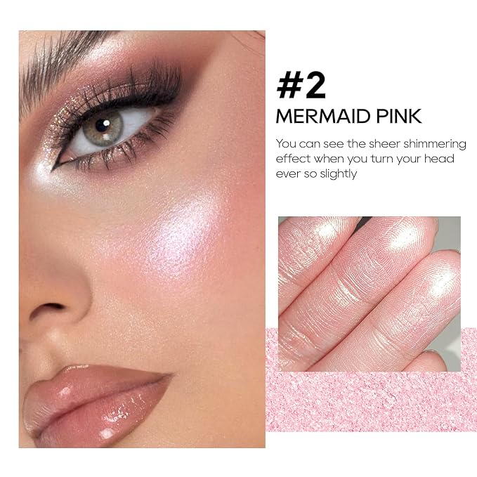 Baked Pink Highlighter Powder Palette, Makeup Highlighter Powder Palette Sheer Shimmering Finish Face Highlighters Makeup Iluminadores de Maquillaje #02 Mermaid Pink-Velvo Beauty