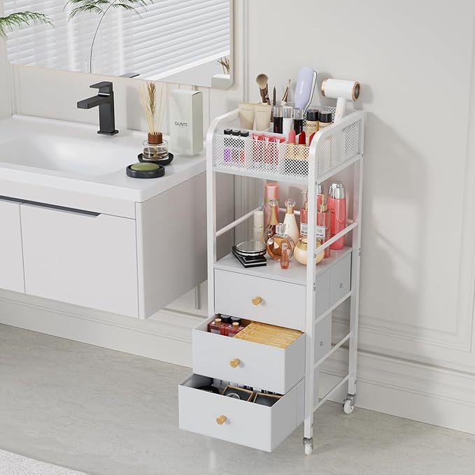 HapiRm Rolling Makeup Cart Organizer - Floor Skincare Make Up Storage with 3 Drawers, Vanity Organizer Cosmetic Display Cases Holder for Skin Care Perfume Nail Polish Brush Hair Tool, White-Velvo Beauty