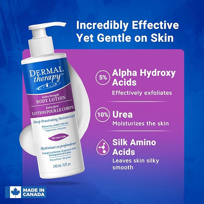 Dermal Therapy Extra Strength 5% AHA 10% Urea Body Lotion - Healing for Extremely Dry, Cracked Skin - Fragrance-Free - Sensitive Skin, Diabetes & Medication-Induced Dryness - 8 fl oz / 240 ml-Velvo Beauty