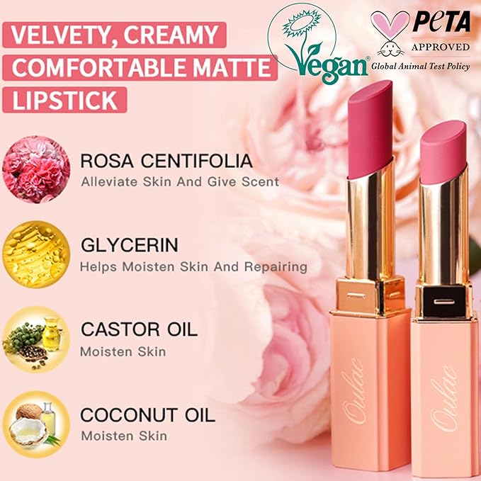 Oulac Nude Matte Lipstick for Women, Lipstick & Blush Duo, Peach Creamy Soft Satin Finish Lipsticks, Moisturising Formula, Rich Color Lightweight Lip Balm, Rose Oil, Vegan & Cruelty-Free| 3.6g (Y08)-Velvo Beauty