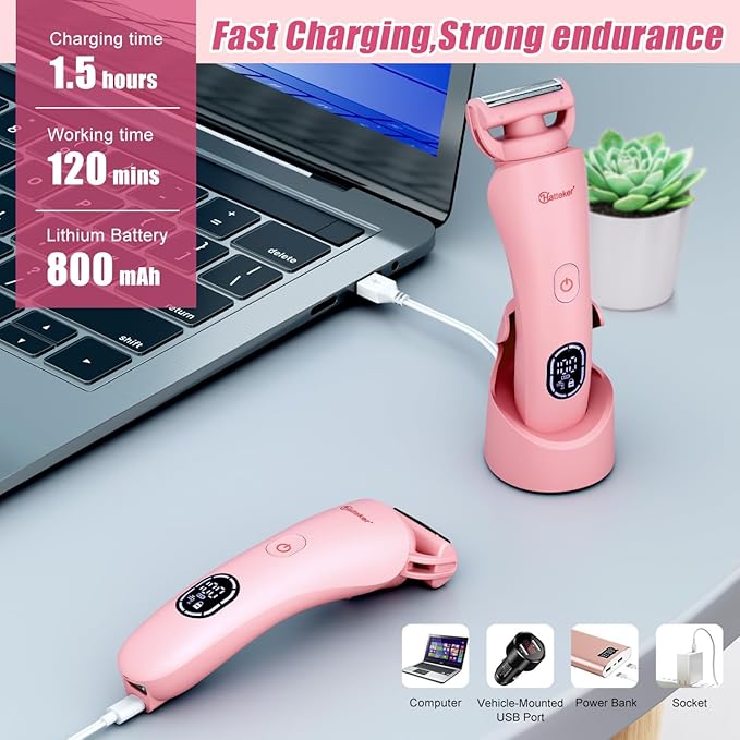 Hatteker Women's Electric Shaver Bikini Trimmer Hair Trimmer for Women LED Display Electric Razor for Legs Bikini Underarm Public Hairs Led Display IPX7 Waterproof Gift for Women (Pink)-Velvo Beauty