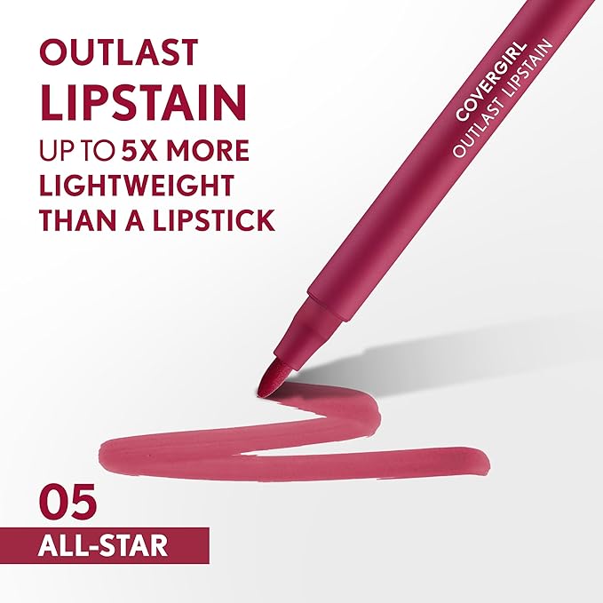 COVERGIRL Outlast, 05 All-Star, Lipstain, Smooth Application, Precise Pen-Like Tip, Transfer-Proof, Satin Stained Finish, Vegan Formula, 0.06oz-Velvo Beauty