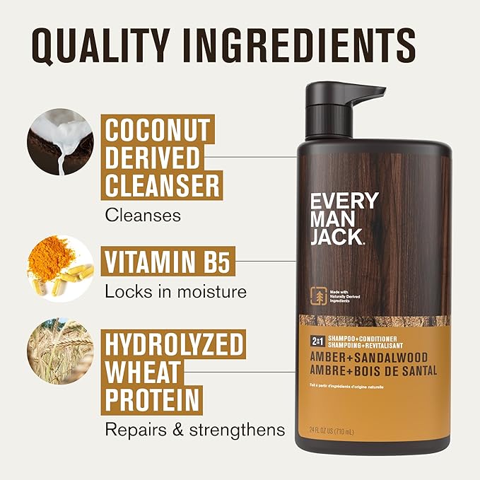 Every Man Jack 2-in-1 Daily Shampoo + Conditioner - Amber + Sandalwood | Nourishing For All Hair Types, Naturally Derived, Cruelty-Free Shampoo and Conditioner Set for Men | 24oz -1 Bottle-Velvo Beauty