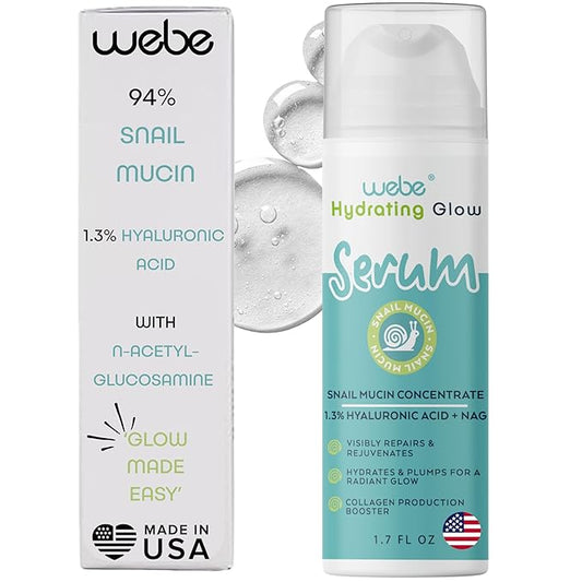 WEBE Naturals Snail Mucin 94% Hydrating Glow Serum | 1.3% Hyaluronic Acid & N-Acetyl Glucosamine | Collagen Boosting, Plumping, Anti Aging, Intense Moisturizing Serum for Radiant, Dewy Skin-Velvo Beauty
