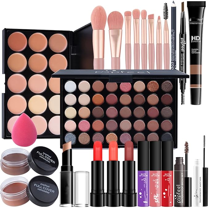 MAEPEOR All In One Makeup Kit for Girls Women 27 Piece Full Makeup Gift Set with Eyebrow Pencil Eyeliner Eyeshadow Palette Mascara Foundation Concealer Lip Gloss Lipstick Makeup Remover Makeup Brush (POP004B)-Velvo Beauty