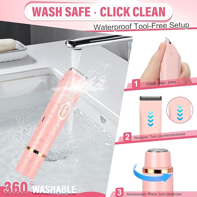 Women's Bikini Trimmer, 2-in-1 Electric Shaver for Bikini Line, Legs, Underarms, Face - Waterproof Women's Electric Shaver for Sensitive Skin, USB Rechargeable (Purple) (Pink)-Velvo Beauty