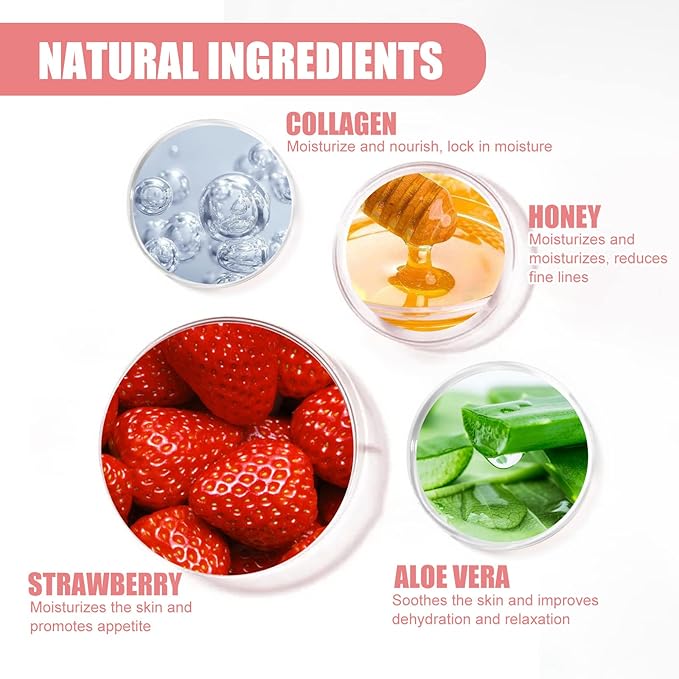 Honey Lip Balm Pot, Propolis Lip Mask, Strawberry Hydrating Propolis Lip Sleeping Mask, Prevent Dry&Cracked, Lip Repair Nourishes the Lip Skin (4pcs Strawberry)-Velvo Beauty