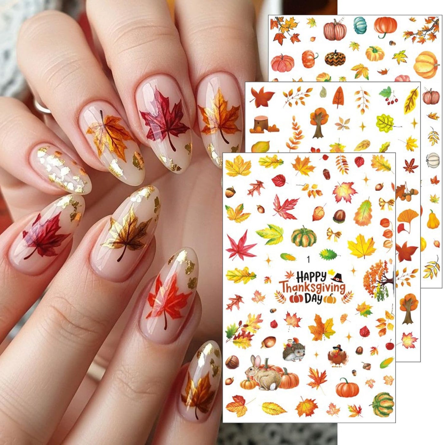 6Pcs Fall Nail Stickers for Nails Art - Cute Pumpkin Nail Decals Yellow Fallen Leaves for Nails Autumn Maple Leaf Theme Thanksgiving Nail Design Adhesive Sticker Sliders for Women Nail Art Decorations-Velvo Beauty