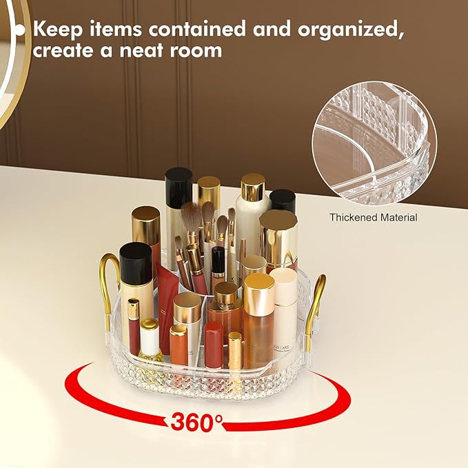 Awenia Rotating Makeup Organizer 360, Stackable Adjustable Large Capacity Cosmetic Storage Unit,Dresser Bathroom Kitchen Countertop Organizer with Metal Handle, Plus Size (Clear, 1 Tier)-Velvo Beauty