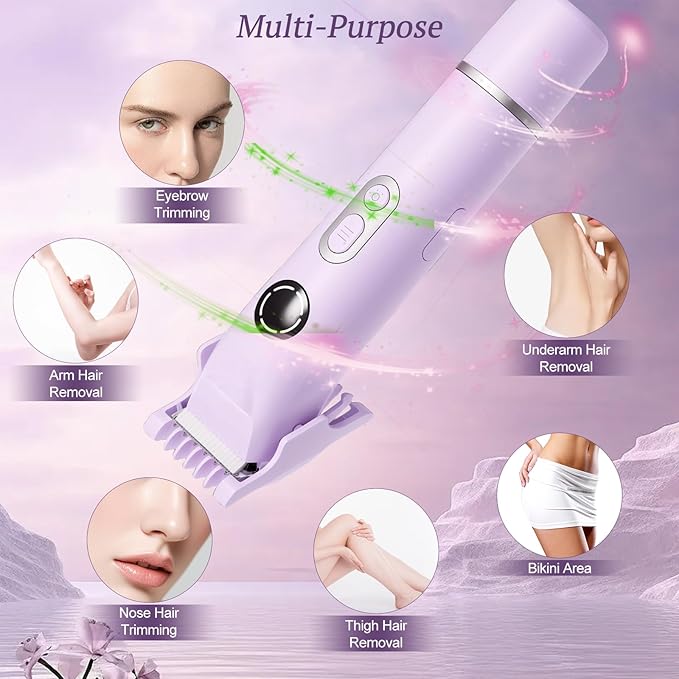 Bikini Trimmer for Women, 4 in 1 Wet/Dry Electric Razors for Women - Dual Head, Painless Rechargeable Portable Womens Razors for Shaving Set for Face, Nose, Eyebrows, Armpits, Bikini Area (Purple)-Velvo Beauty