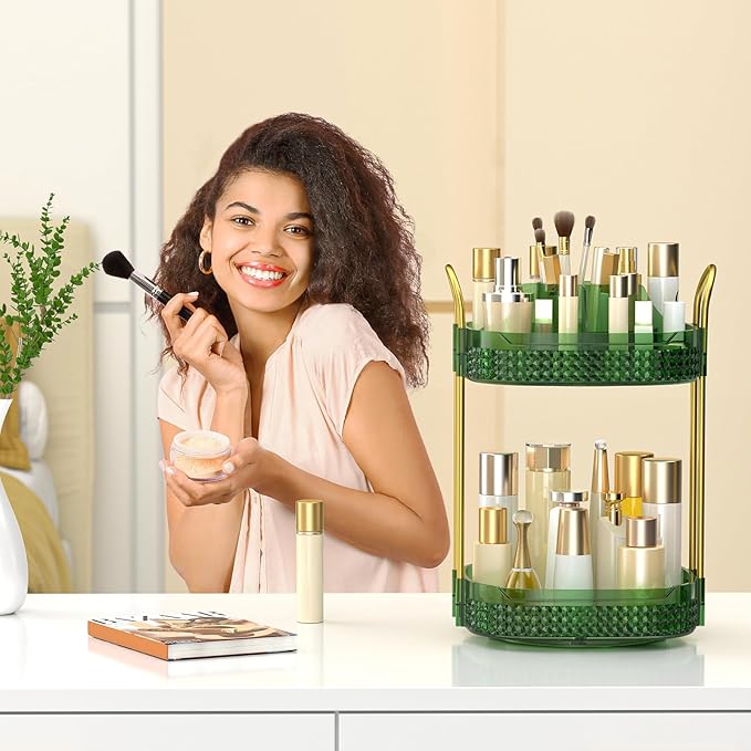 360° Rotating Makeup Organizer 2 Tier, Large Skincare Clear Make Up Storage Spinning Perfume Organizers for Bathroom Counter Dresser, Green-Velvo Beauty