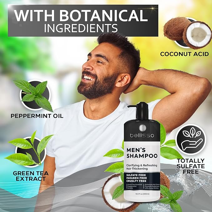 Shampoo for Men - Tea Tree Oil and Peppermint - Sulfate Free, Paraben Free - Clarifying, Refreshing, Volumizing & Moisturizing Hair Thickening Formula - Ideal for Oily Hair, Dry Scalps and Build Up-Velvo Beauty