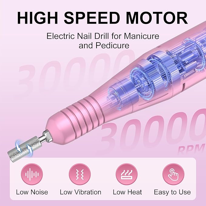 Professional Electric Nail Drill File:COSYGLOW Glitter Portable Cordless E-File Nail Drill Kit with 11 Drill Bits,30000 RPM Rechargeable Nail Drills Machine for Acrylic Nails Gel Polishing (Pink)-Velvo Beauty