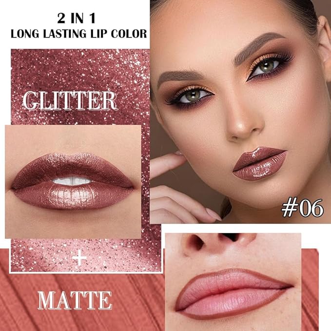 evpct Dark Bronze Metallic Shimmer Lip Liner and Lipstick Combo Lip Gloss Stains Set Makeup for Women Long Lasting Waterproof 24, Iced Mocha Frosted Metallic Glitter Glossy iridescent Liquid Lipstick-Velvo Beauty