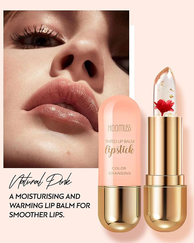 Tinted Lip Balm, Flower Lipstick Tinted Lip Gloss Long Lasting PH Lipstick, Color Changing Lipstick Natural Chapstick, Glitter Pink Shade Lipstick, Red Flower-Velvo Beauty