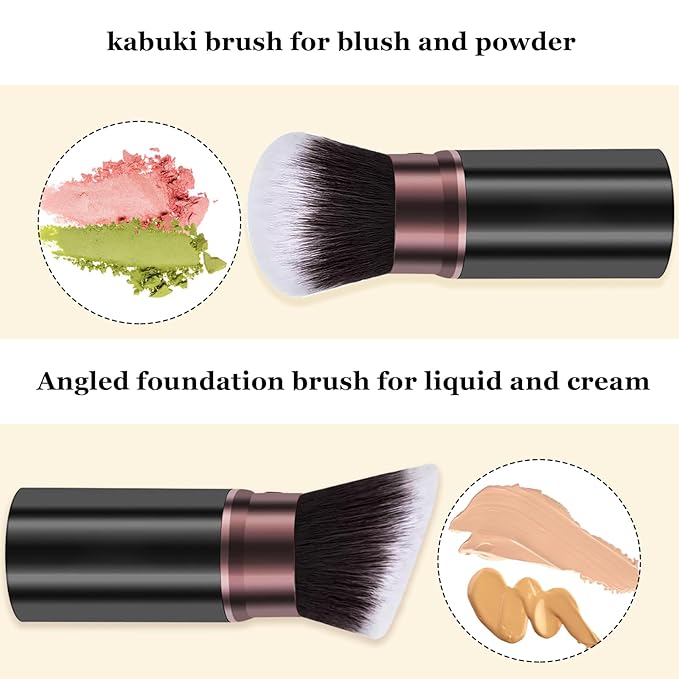 Retractable Makeup Brush, Travel Kabuki Powder Makeup Brush 2 Pack, Foundation Face Blush Brushes for Blending Liquid, Blush, Bronzer, Buffing, Sunscreen,Flawless Cosmetics-Velvo Beauty