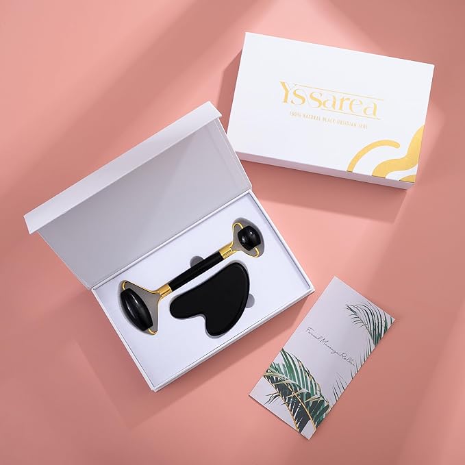 Yssarea Obsidian Roller and Gua Sha - Face Roller | 100% Natural Obsidian Stone Set | Dual Sided Face Massager | Reduces Signs of Aging, Black-Velvo Beauty