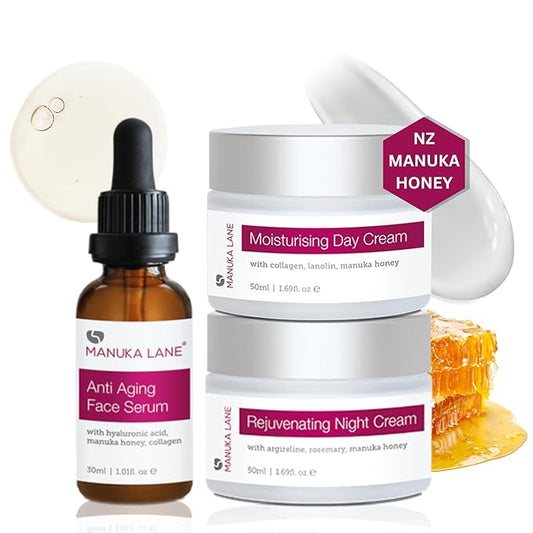 Manuka Honey Complete Skin Care Regimen | Includes (1) Moisturising Day Cream, (1) Anti Aging Face Serum, (1) Rejuvenating Night Cream | Powerful, Safely Derived, and Natural Ingredients.-Velvo Beauty